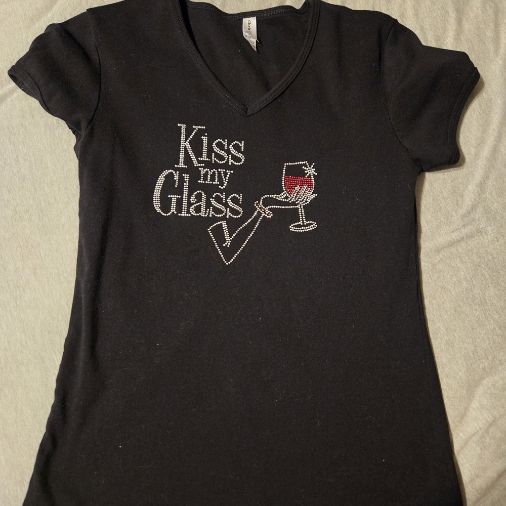 Black V-Neck T-Shirt with Rhinestone Design